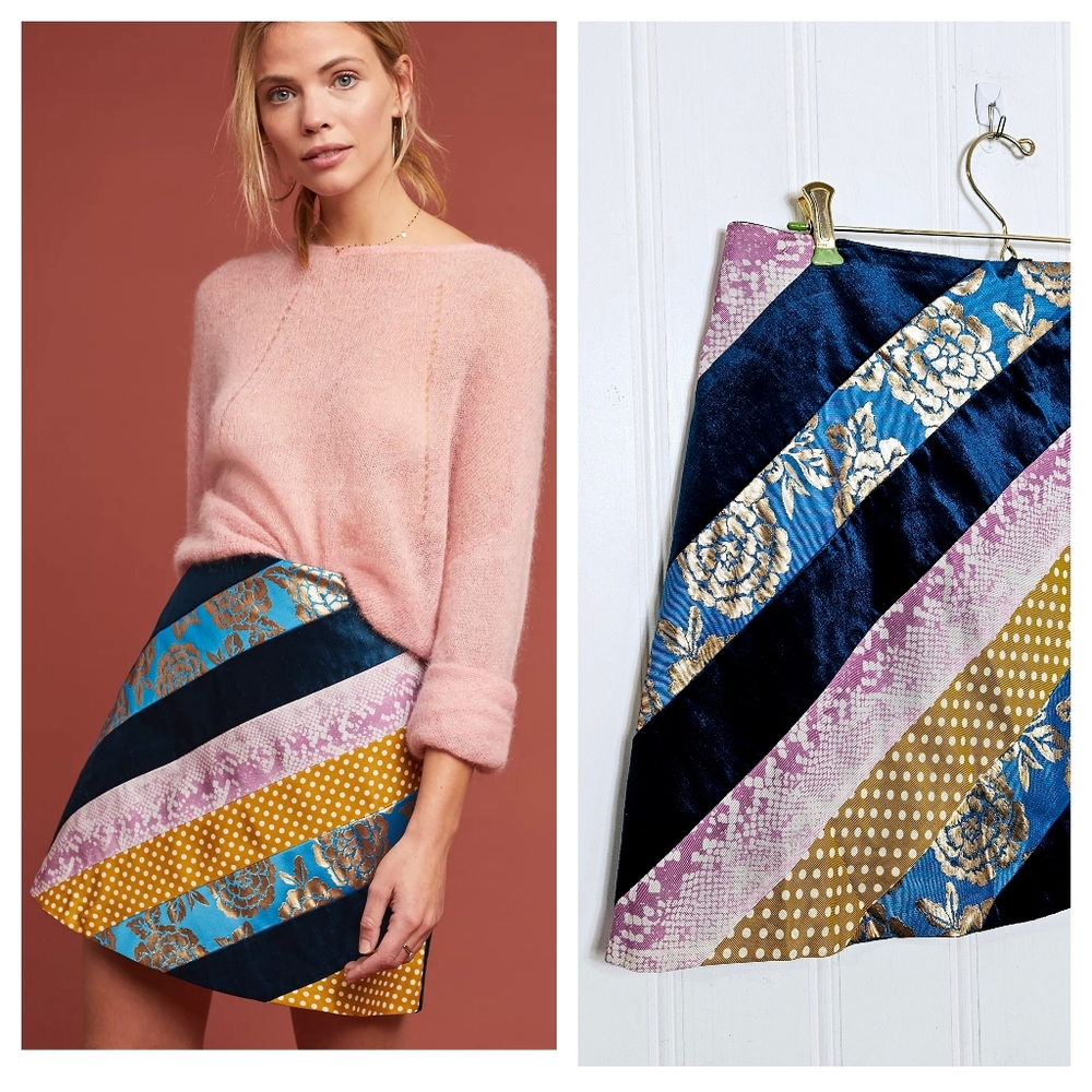 NWT Anthropologie Maeve Skirt Size 10 Patchwork Velvet Brocade A-Line Mini Blue